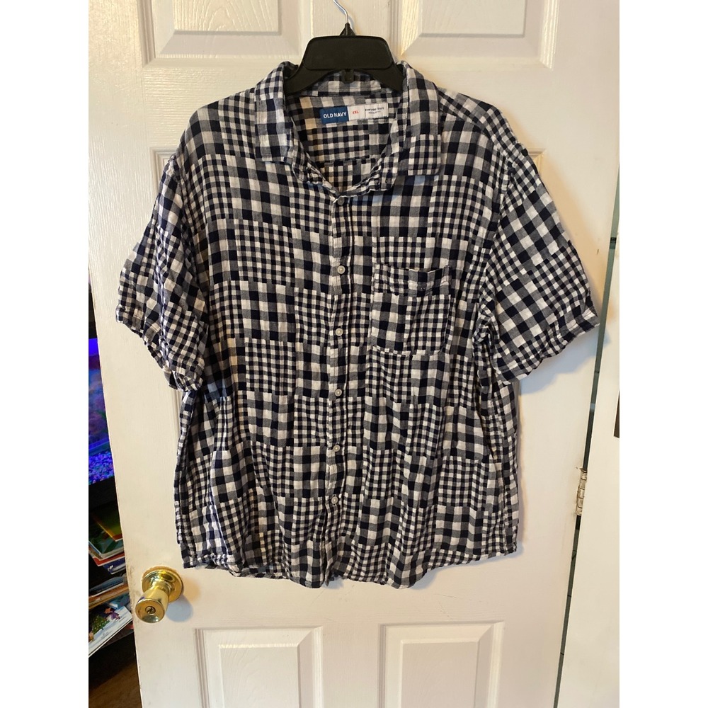 Old Navy Mens Everyday Shirt XXL Blue White Patchwork Gingham Check Button Down